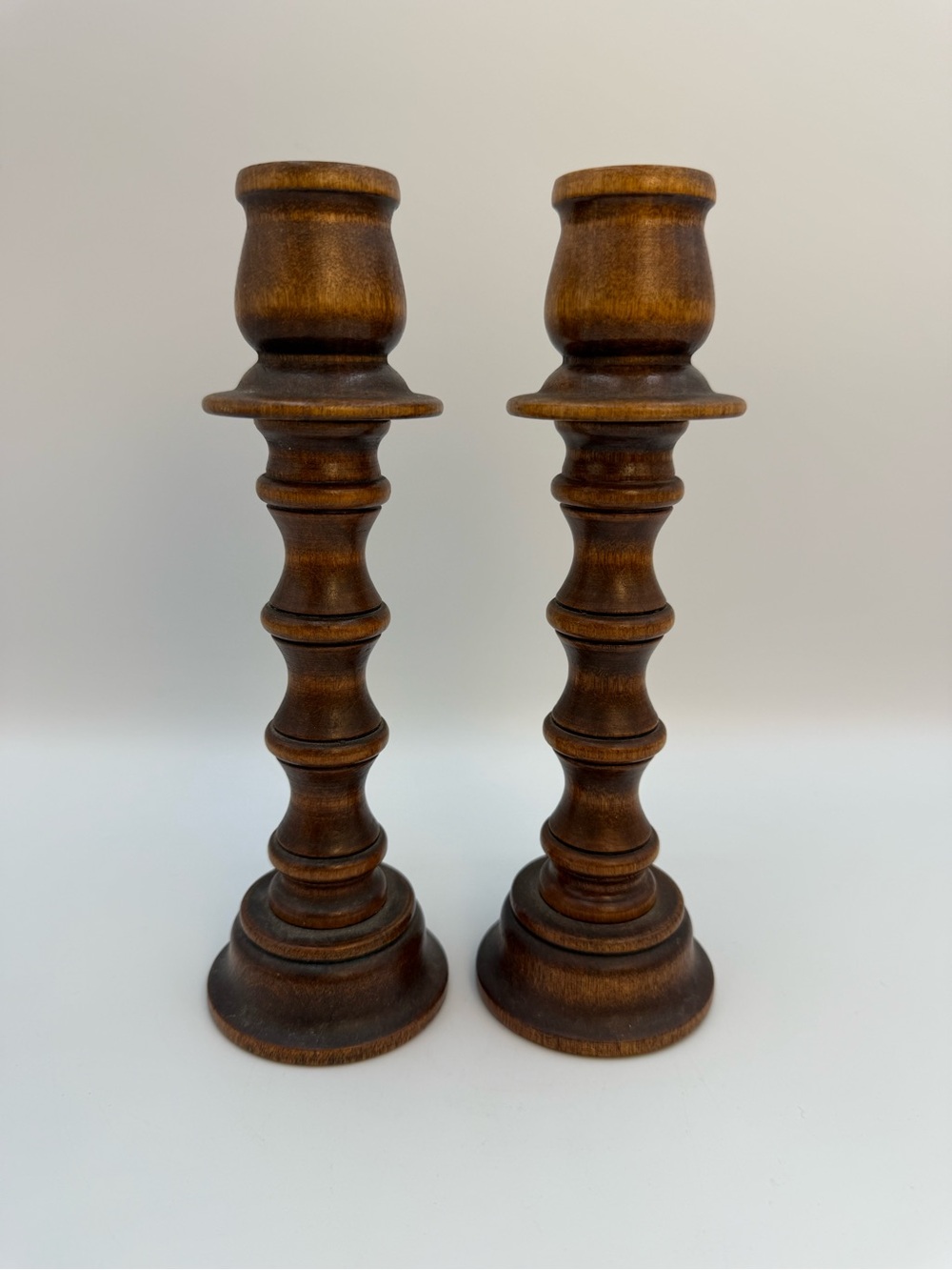 Set of 2 Vintage Turned Wooden Candlestick Holders